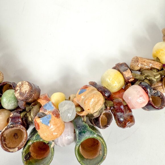 Vintage Mexican Pottery Mugs Cups Glass Beads Necklace Hand Painted - Picture 4 of 6